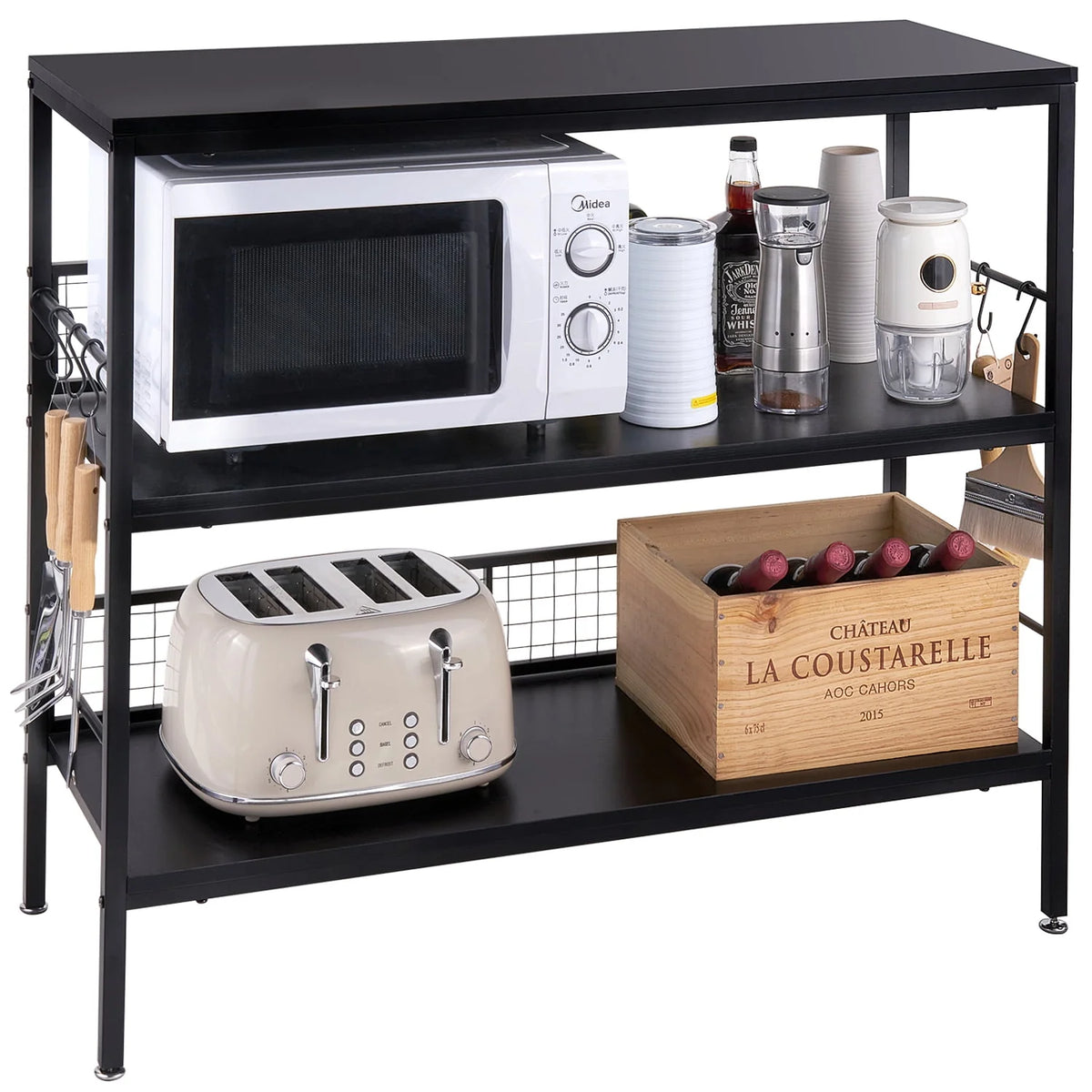 Rolling Kitchen Storage Cart with 3-Tier Shelves and 10 Hooks D920