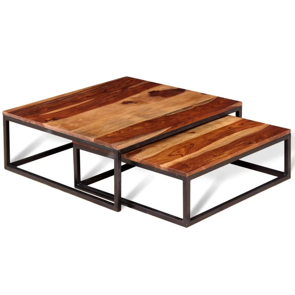 2 Piece Stackable Sheesham Wood Iron Frame Nesting Table Set X911