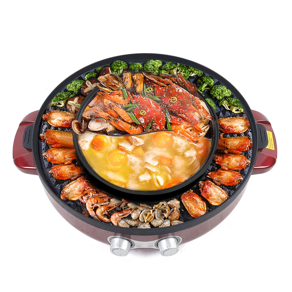 2 in 1 Smokeless BBQ Grill & Shabu Shabu Hot Pot, 2200W Electric Grill Soup Pot U29027