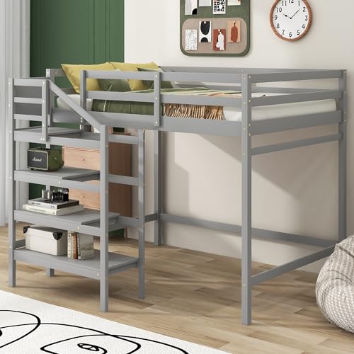 Full Size Gray Wooden Loft Bed with Staircase and Storage Wardrobe I628