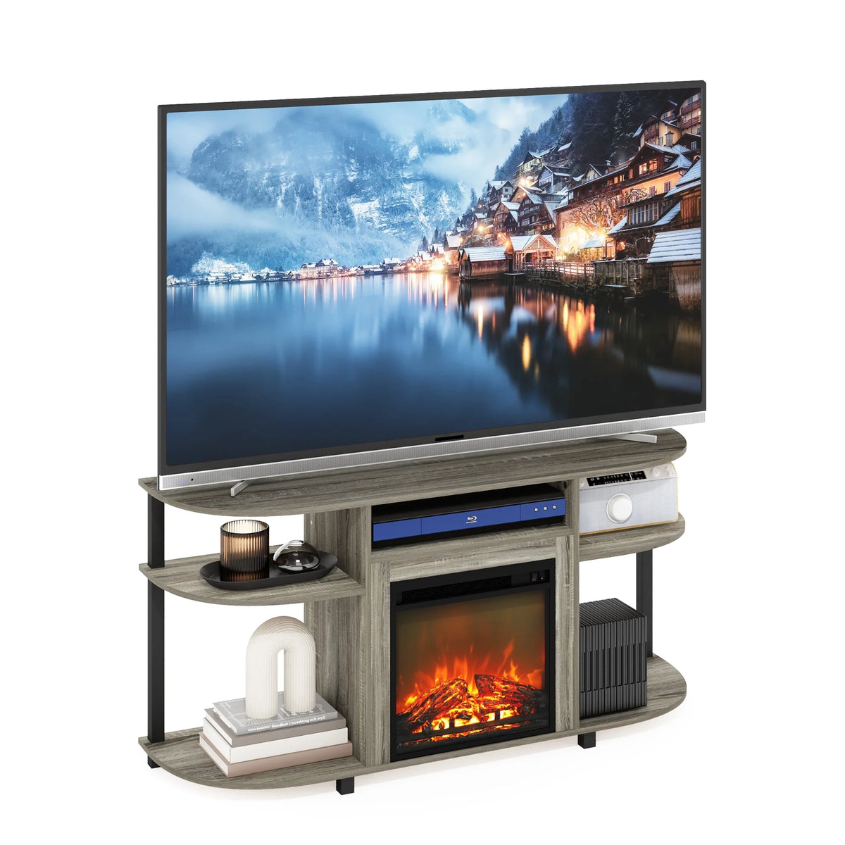 French Oak Grey Entertainment Center Stand with Fireplace for TV up to 55 Inch Z583