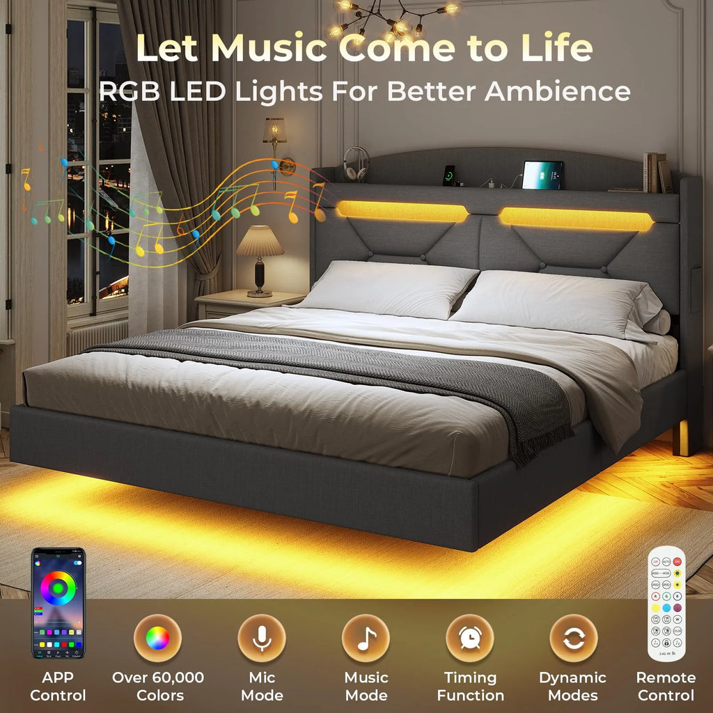 King Size Upholstered Platform Bed Frame with Storage Headboard and LED Lights S294