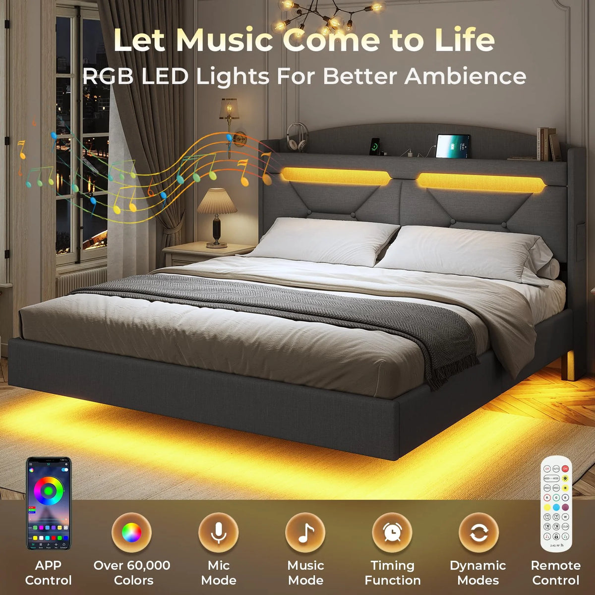 King Size Upholstered Platform Bed Frame with Storage Headboard and LED Lights S294