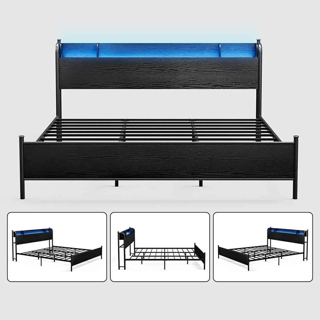California King Metal and Wood Platform Bed Frame with Storage Shelf Headboard and Charging Station T46836