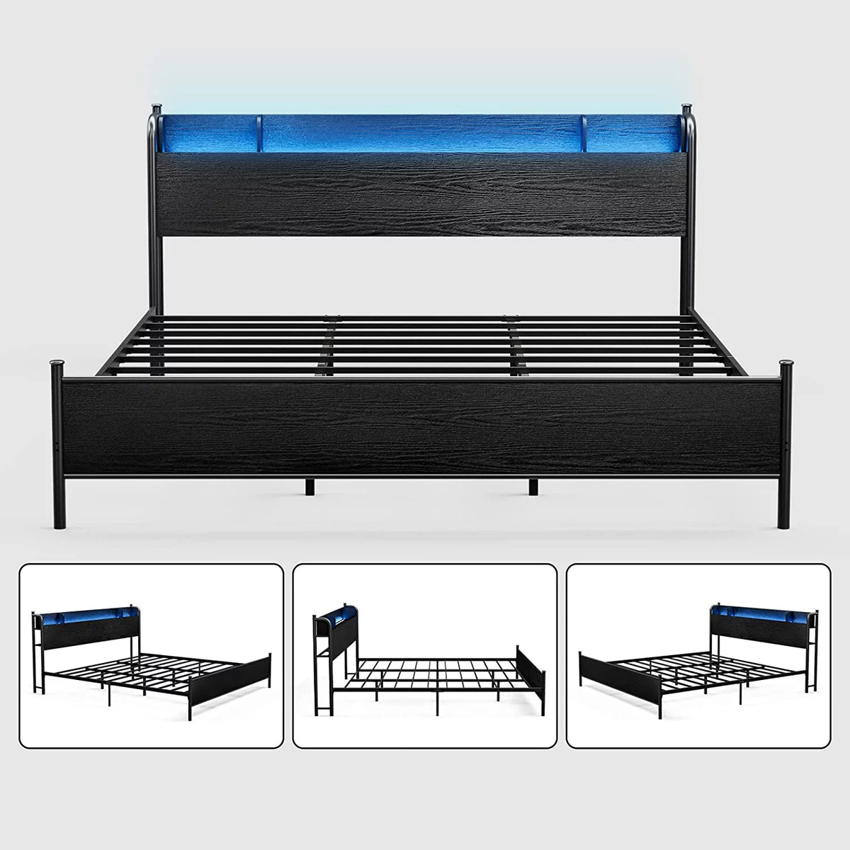 California King Metal and Wood Platform Bed Frame with Storage Shelf Headboard and Charging Station T46836