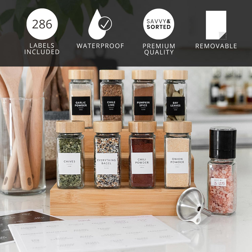 24 Glass Spice Jars with Bamboo Lids and Labels Y6229