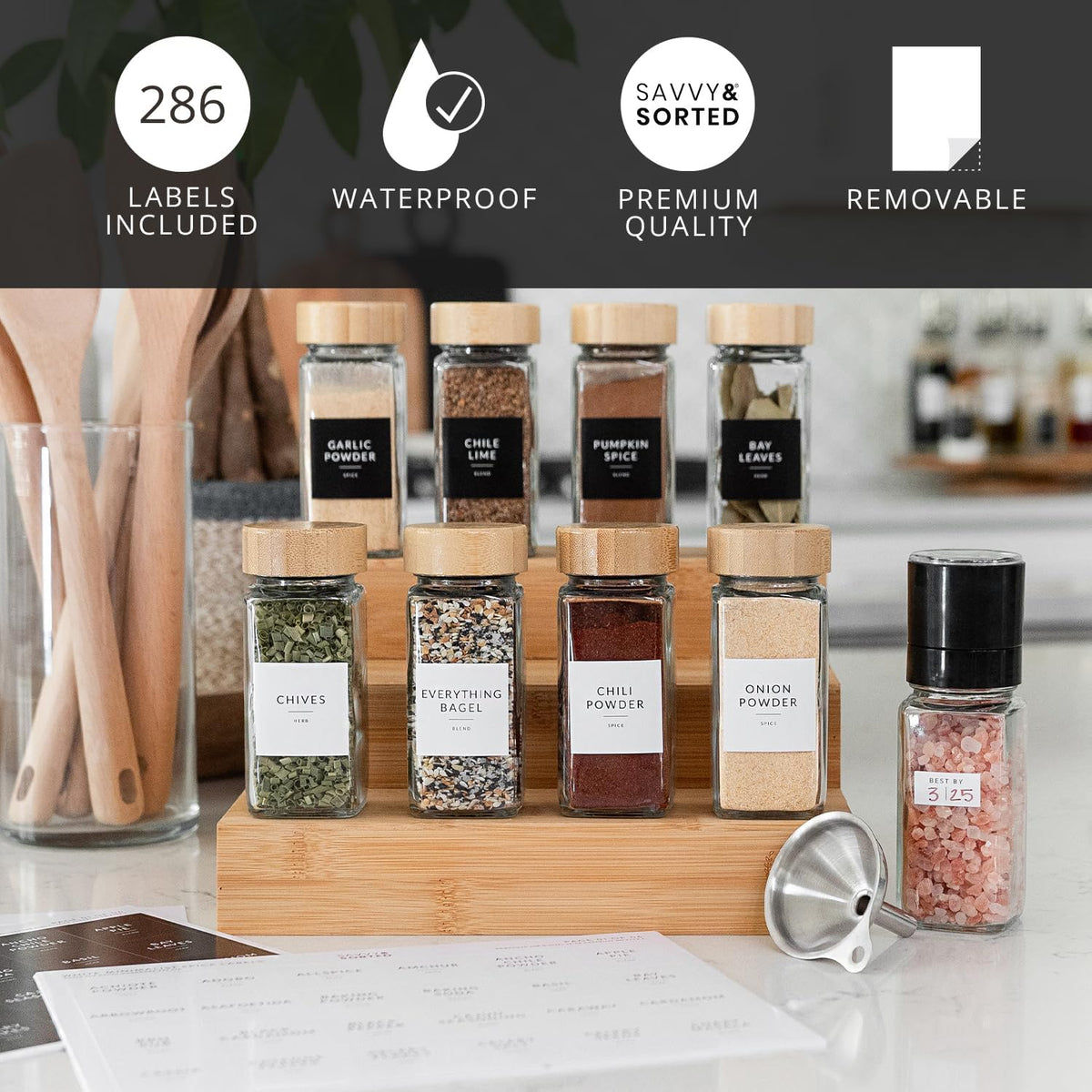 24 Glass Spice Jars with Bamboo Lids and Labels Y6229