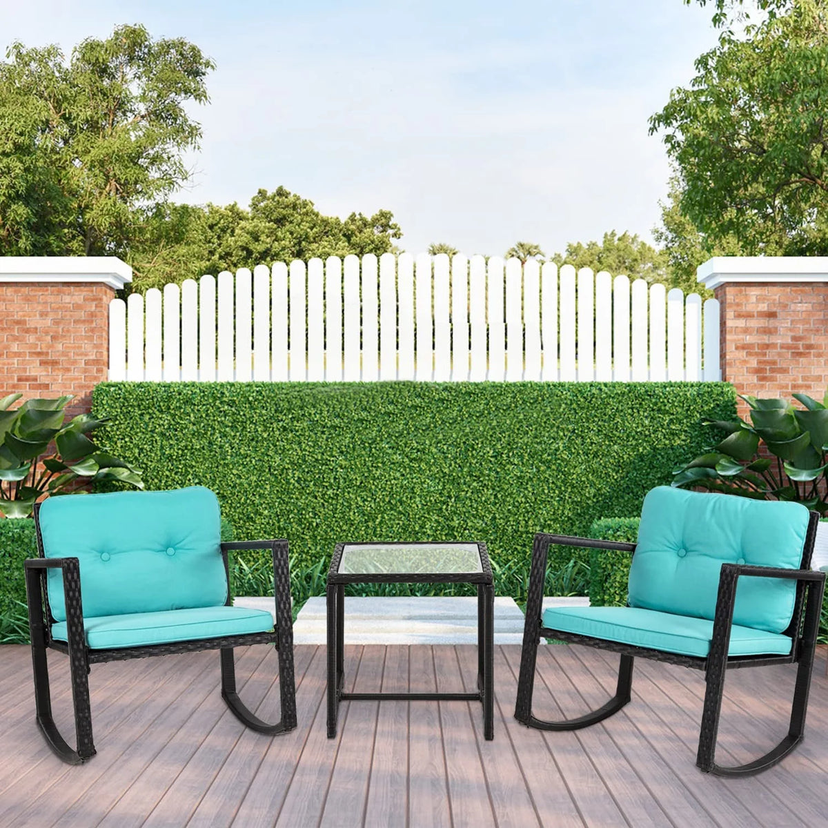 3 Pieces Wicker Outdoor Set with Tempered Glass Coffee Table E542
