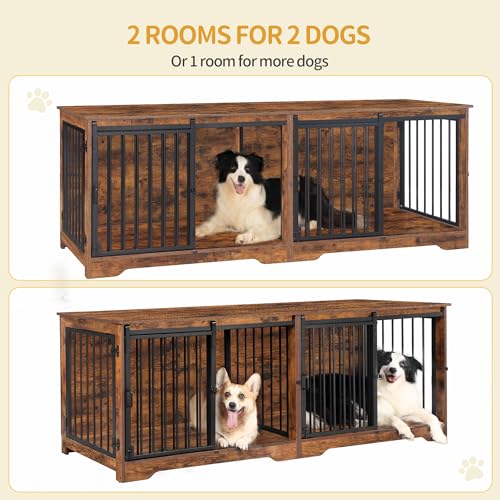 78 Inch Extra Large Double Dog Crate Furniture with Divider, Rustic Brown X381