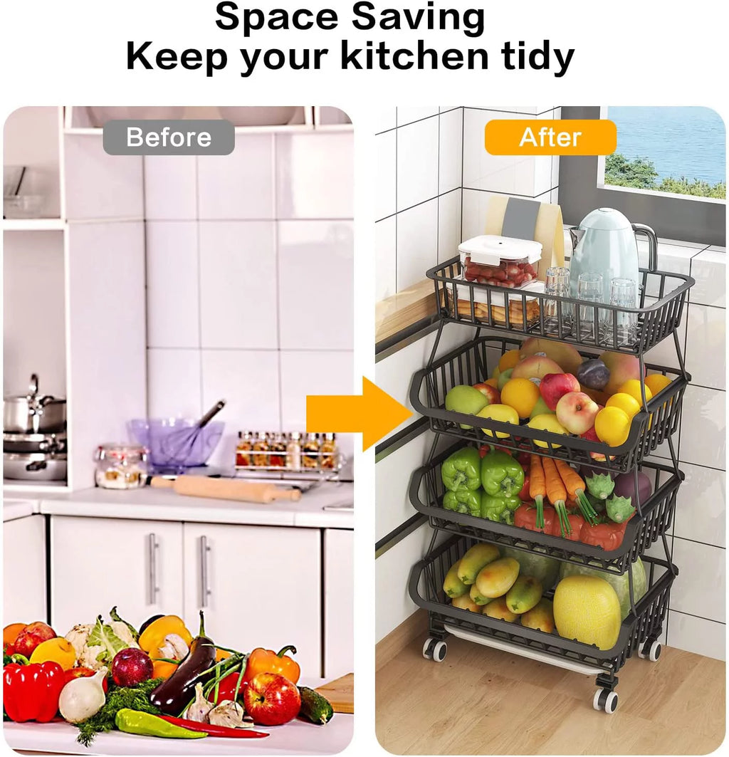 Black Metal Wire 4 Tier Fruit Vegetable Storage Basket with Wheels L791743