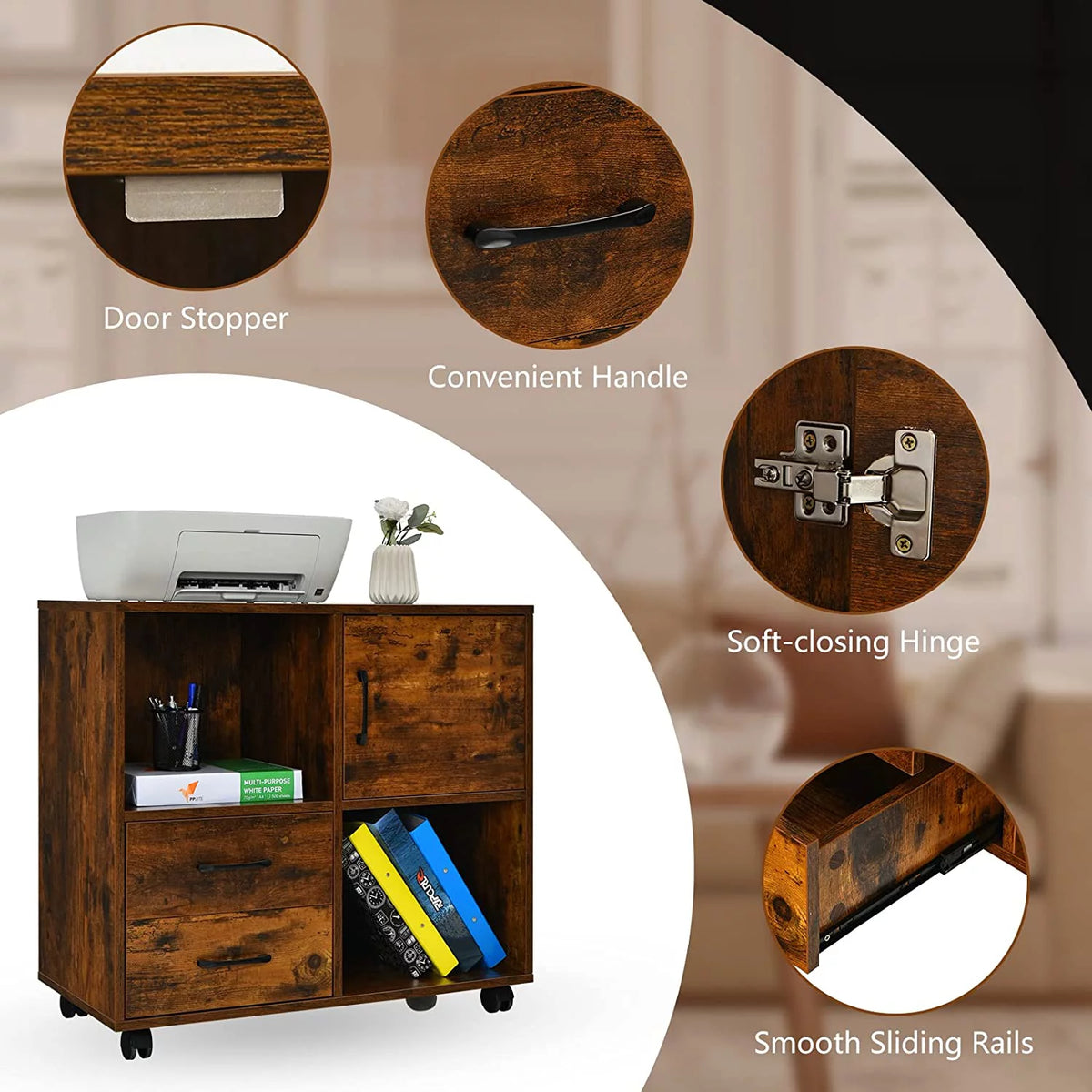 Rustic Brown Mobile Printer Stand with 2 Drawers C955459