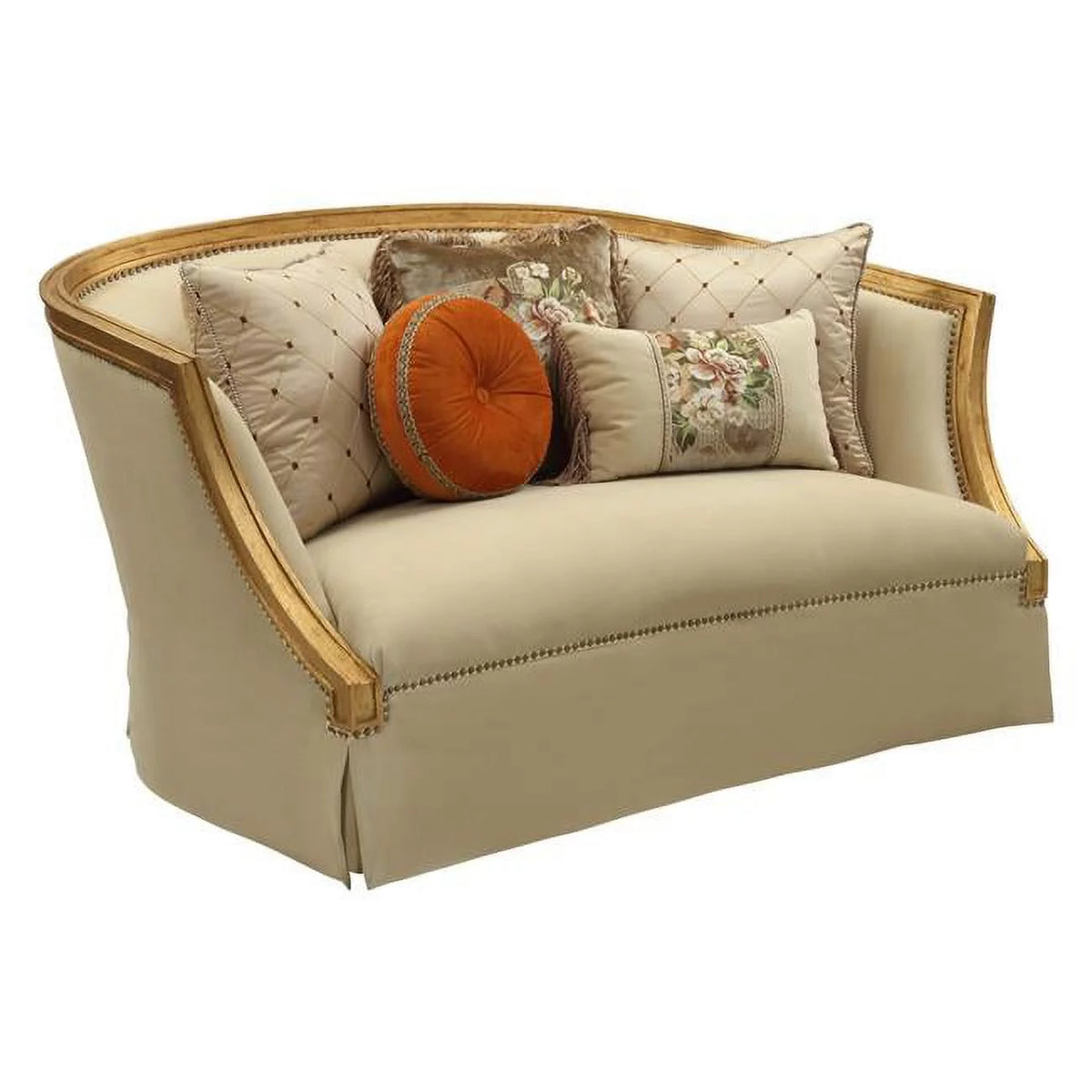 Antique Gold Fabric Upholstery Loveseat with 5 Pillows B23686