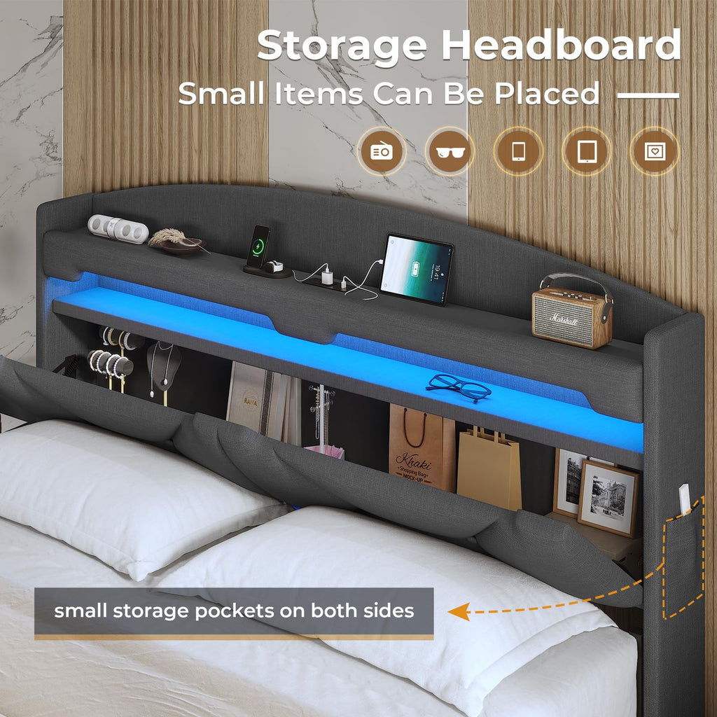 King Size Upholstered Platform Bed Frame with Storage Headboard and LED Lights S294