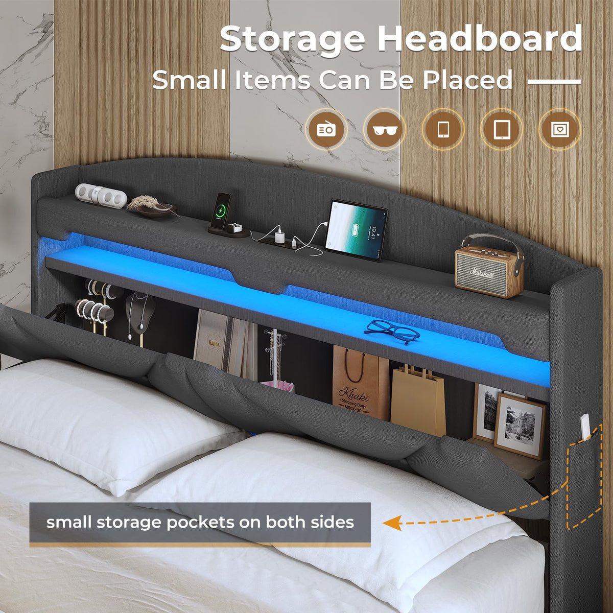 King Size Upholstered Platform Bed Frame with Storage Headboard and LED Lights S294