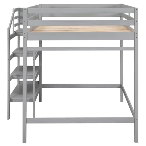 Full Size Gray Wooden Loft Bed with Staircase and Storage Wardrobe I628