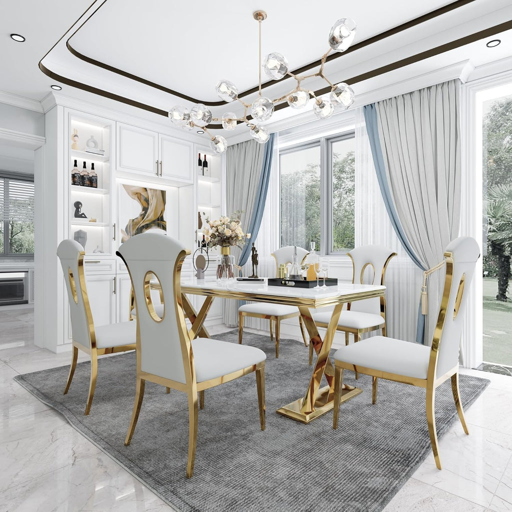 White and Gold 72" Dining Table with Double X-Base J602