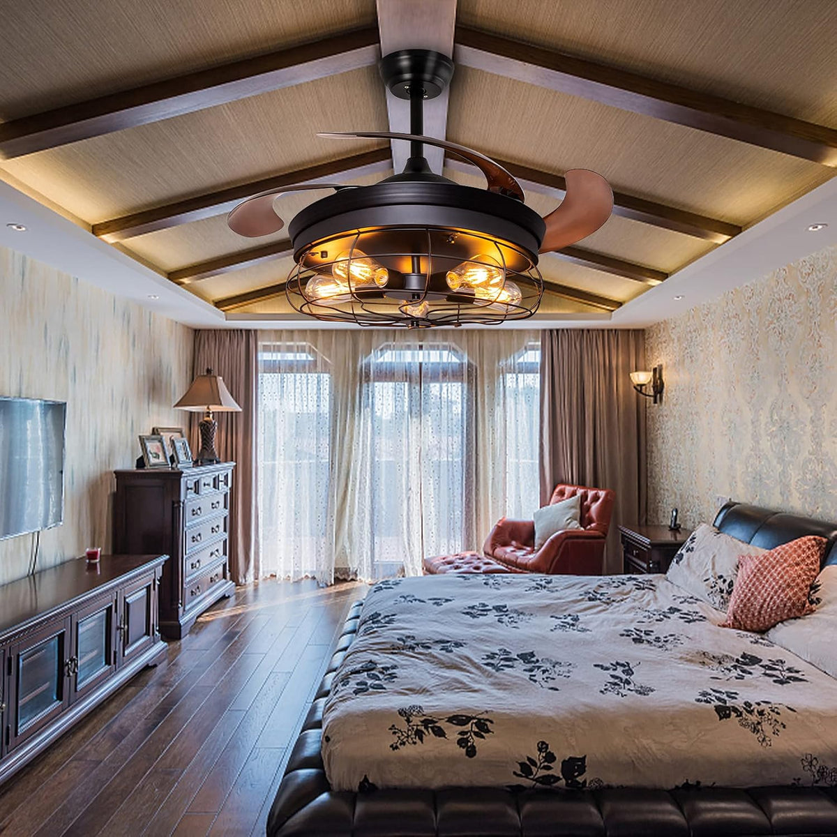42'' Black Caged Ceiling Fan with Lights P740
