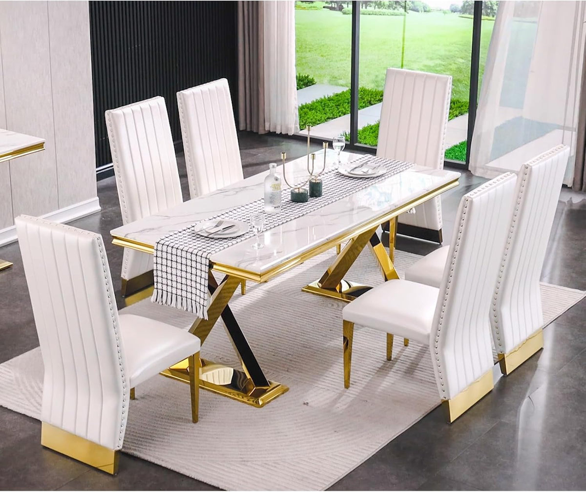 White and Gold 72" Dining Table with Double X-Base J602