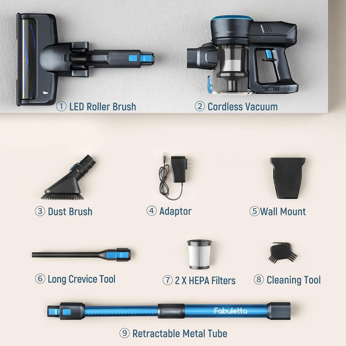 Cordless Stick Vacuum Cleaner, 24Kpa 250W, 6-in-1 Rechargeable, 45 Min Runtime, Blue S782