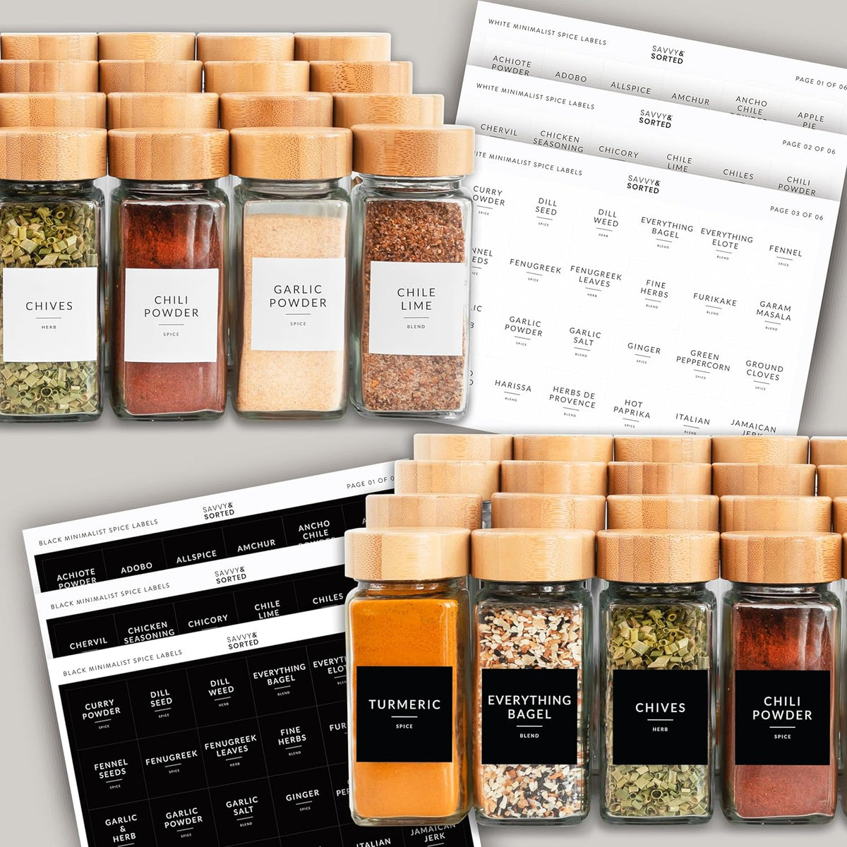 24 Glass Spice Jars with Bamboo Lids and Labels Y6229