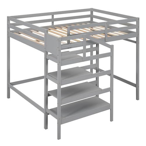 Full Size Gray Wooden Loft Bed with Staircase and Storage Wardrobe I628