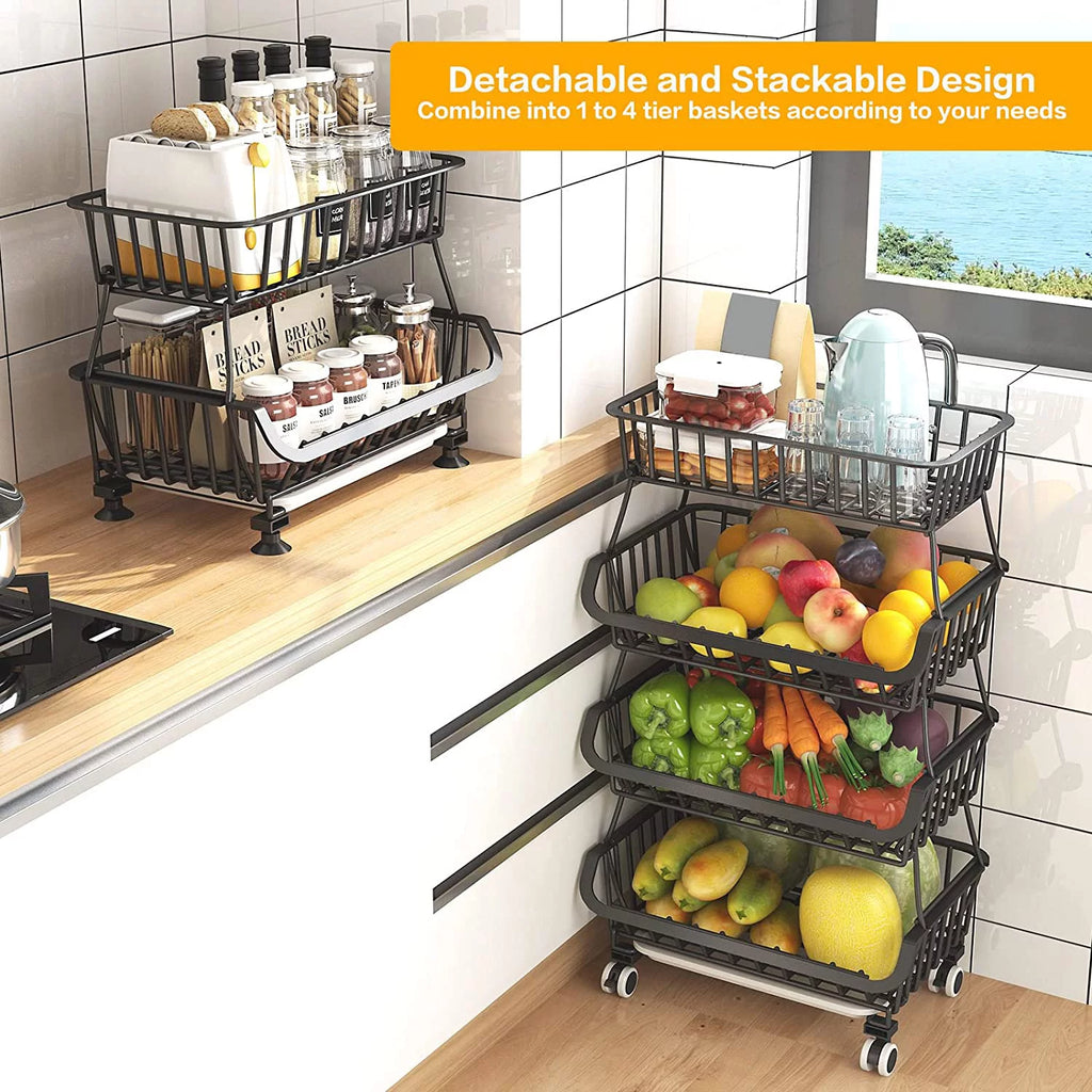 Black Metal Wire 4 Tier Fruit Vegetable Storage Basket with Wheels L791743