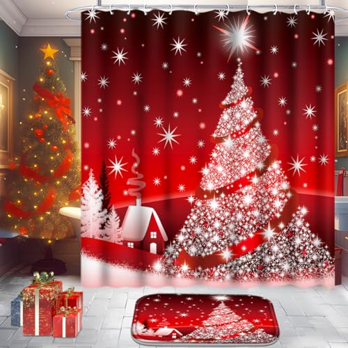 Christmas Bathroom Set with Shower Curtain, Rugs, 12 Hooks G915