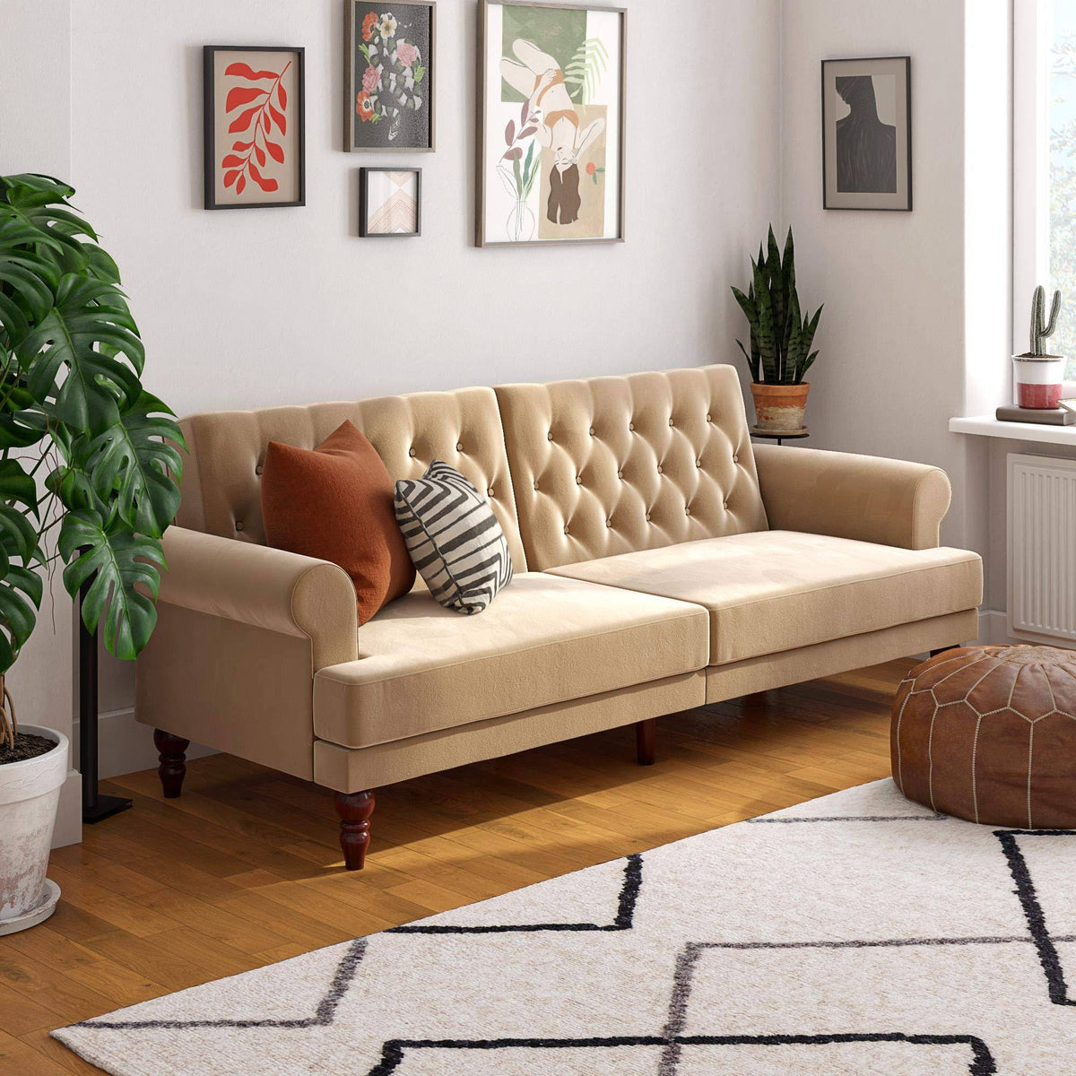 Ivory Velvet Convertible Futon R166