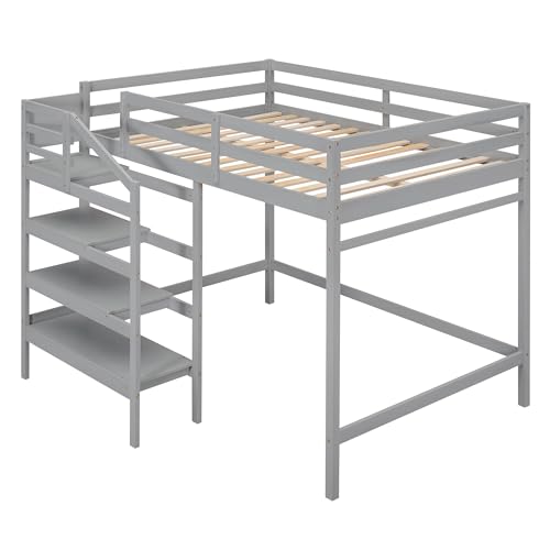 Full Size Gray Wooden Loft Bed with Staircase and Storage Wardrobe I628