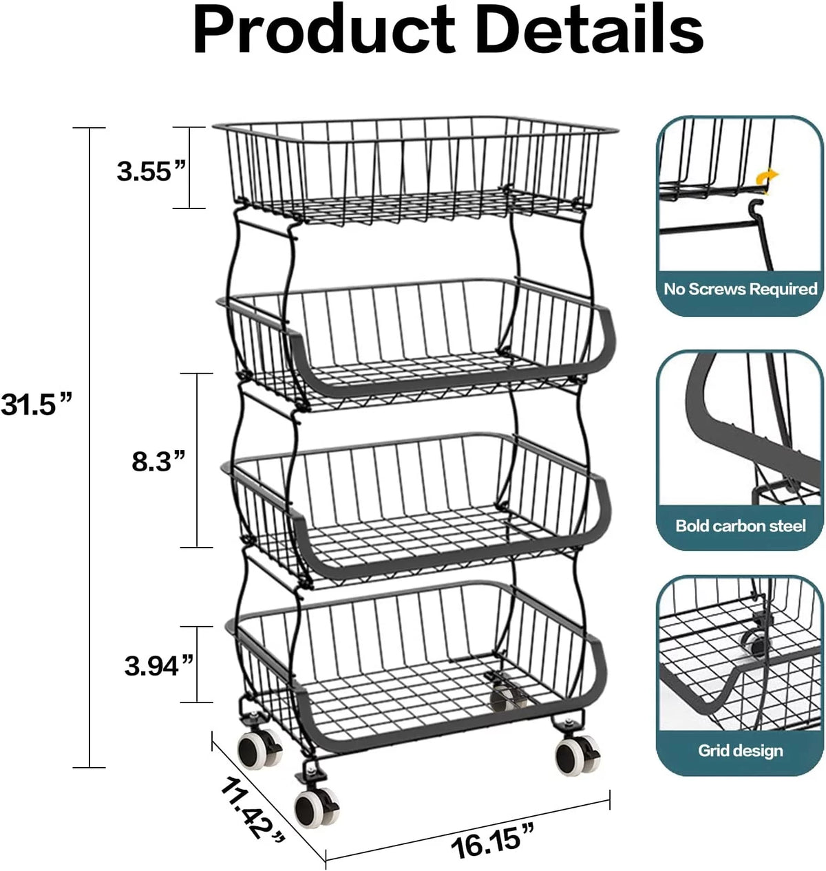 Black Metal Wire 4 Tier Fruit Vegetable Storage Basket with Wheels L791743
