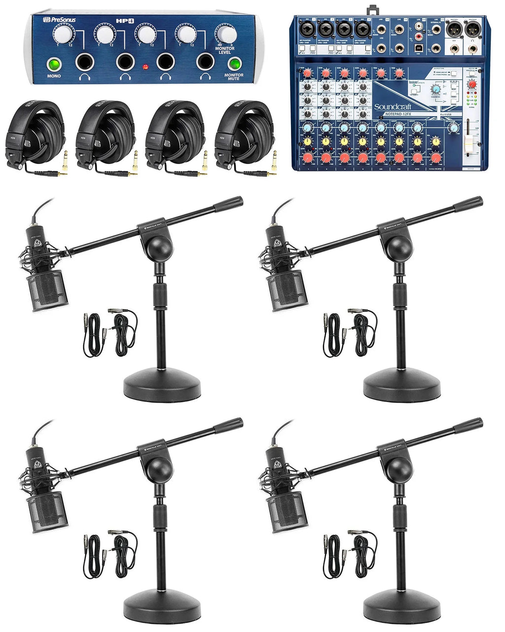 4-Person Podcasting with Mixer Headphones Amp Stands H379