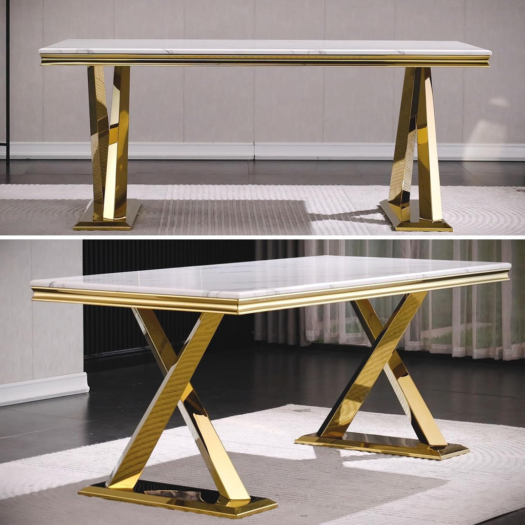 White and Gold 72" Dining Table with Double X-Base J602