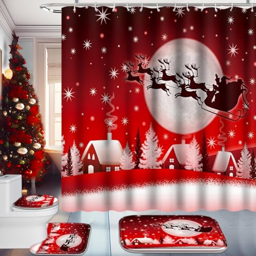Christmas Bathroom Set with Shower Curtain, Rugs, 12 Hooks G915