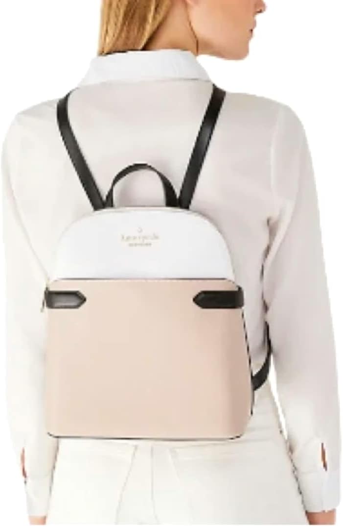 Warm Beige Black Leather Medium Backpack Z174