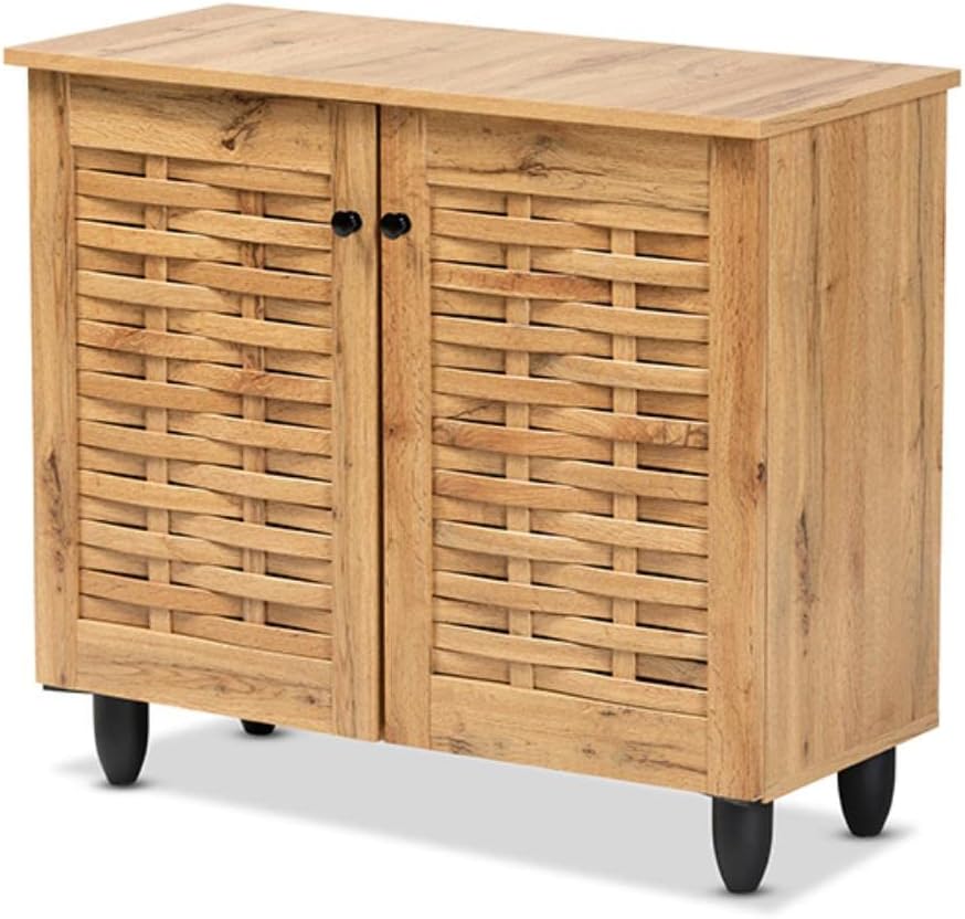 Oak Brown Finished Wood 2-Door Shoe Cabinet U235
