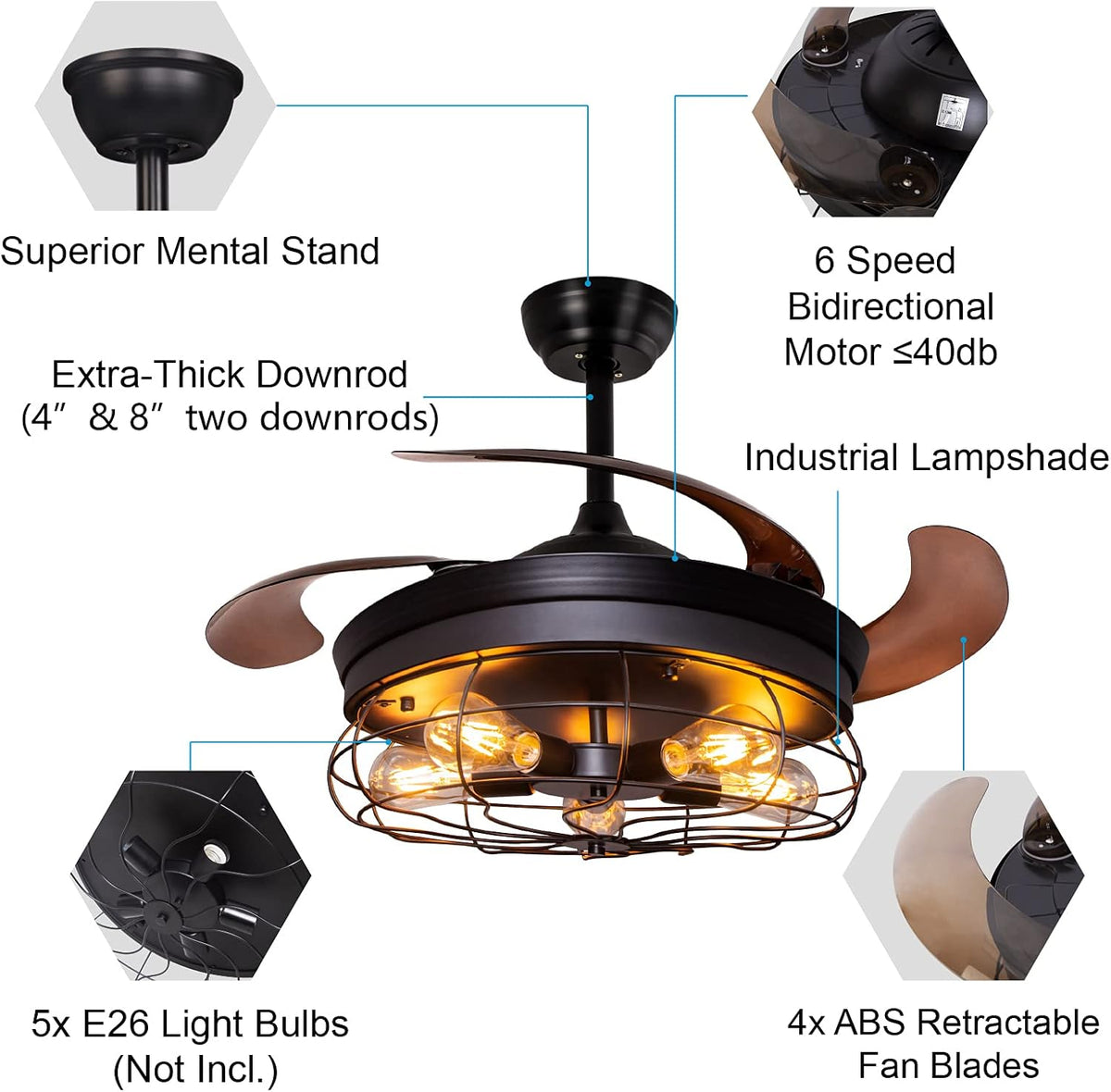 42'' Black Caged Ceiling Fan with Lights P740