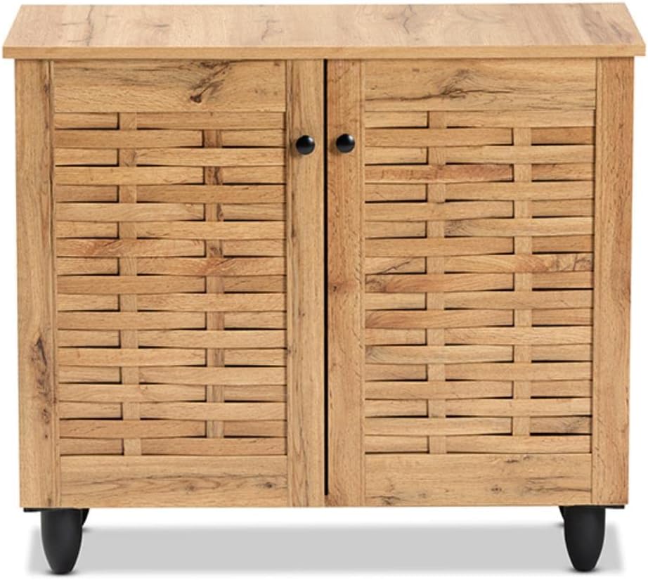 Oak Brown Finished Wood 2-Door Shoe Cabinet U235