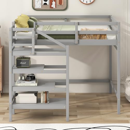 Full Size Gray Wooden Loft Bed with Staircase and Storage Wardrobe I628