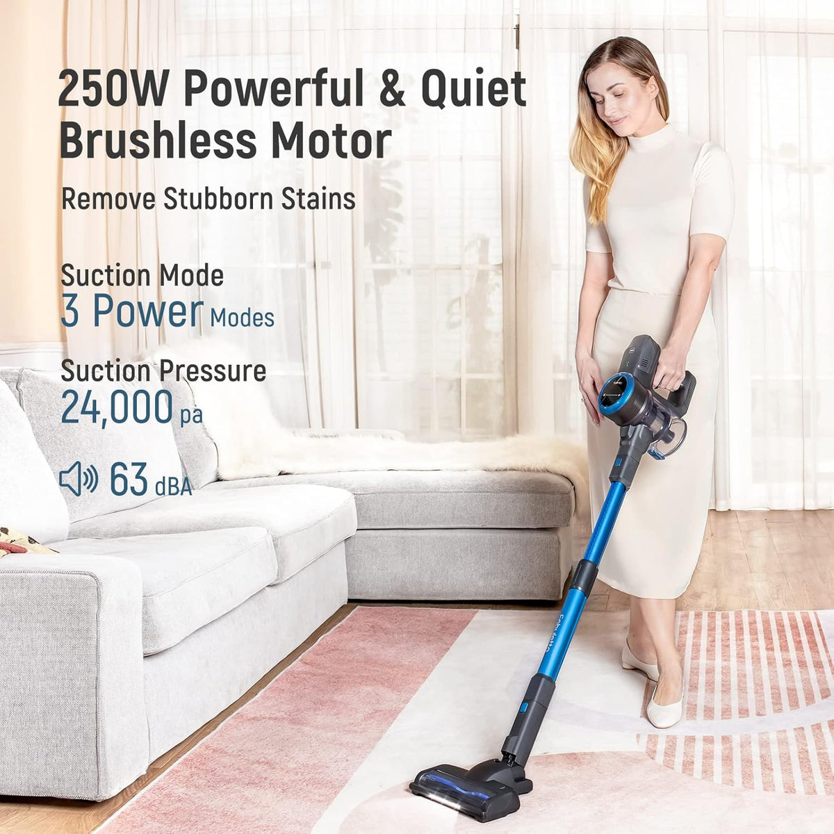 Cordless Stick Vacuum Cleaner, 24Kpa 250W, 6-in-1 Rechargeable, 45 Min Runtime, Blue S782
