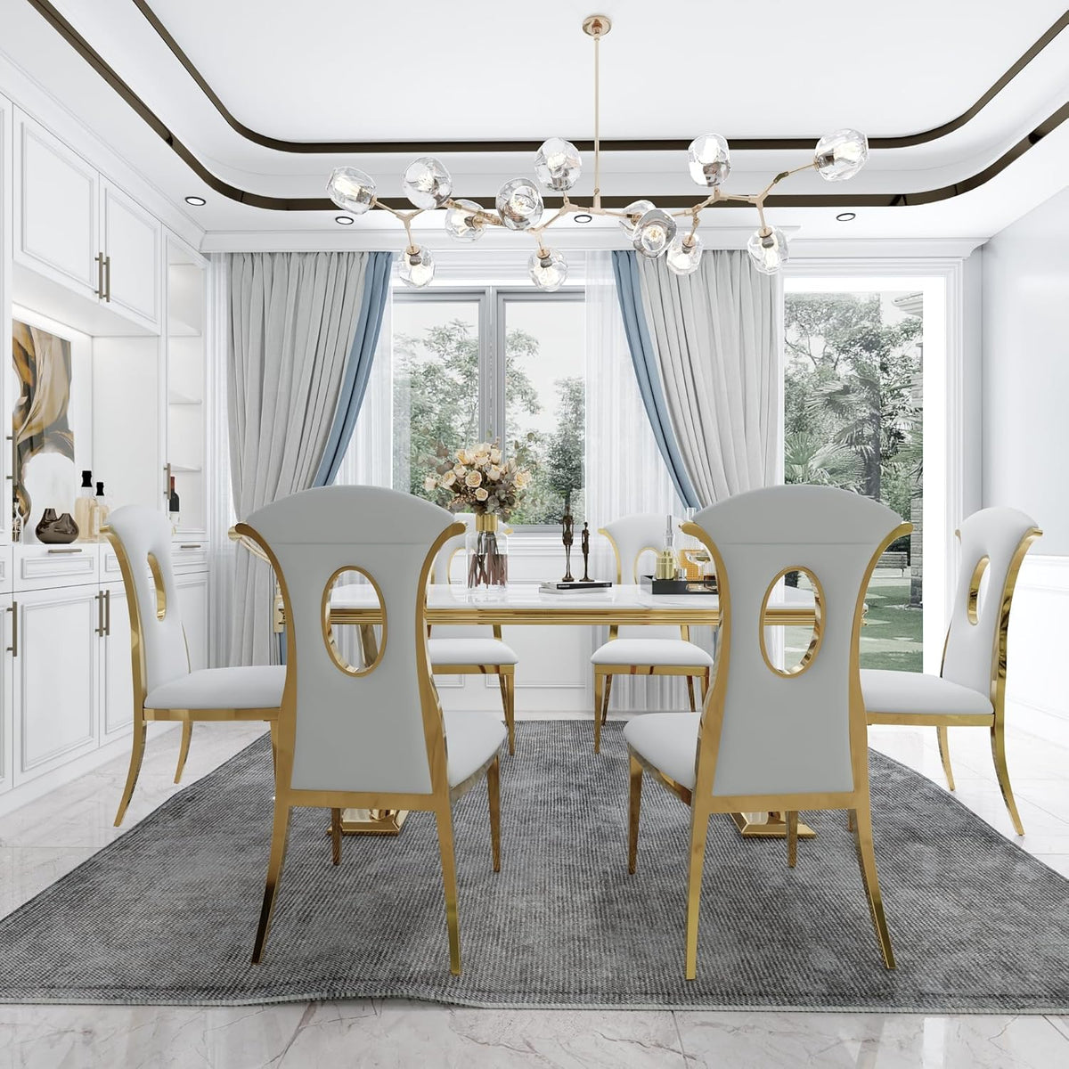 White and Gold 72" Dining Table with Double X-Base J602
