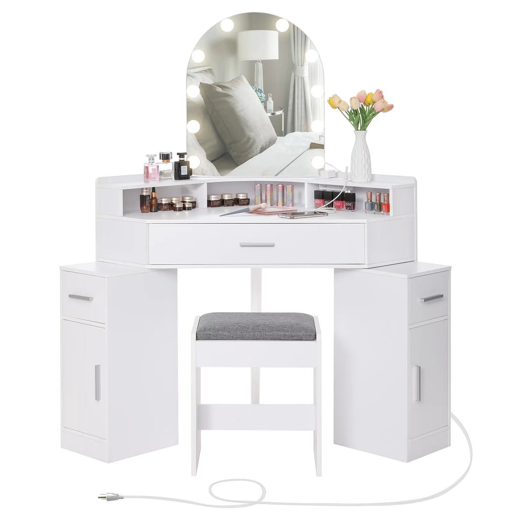 White Corner Vanity Set with Mirror and Stool T78247