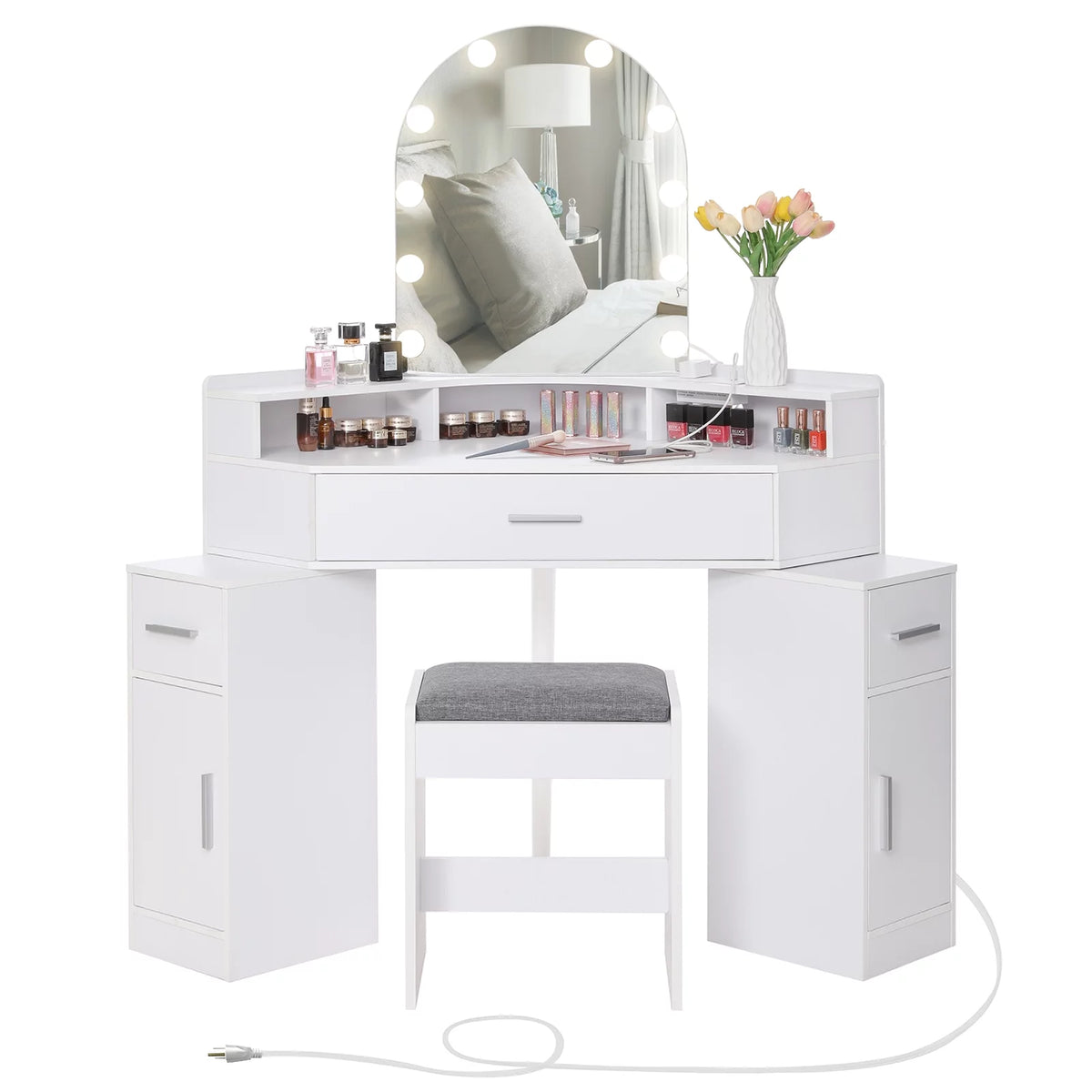 White Corner Vanity Set with Mirror and Stool T78247