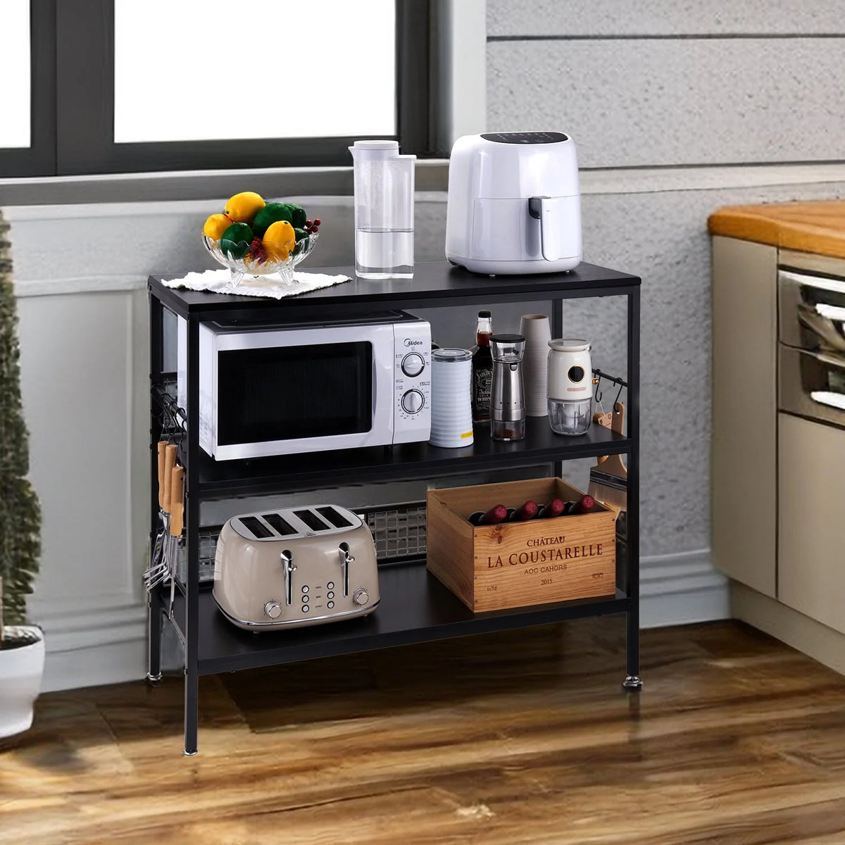 Rolling Kitchen Storage Cart with 3-Tier Shelves and 10 Hooks D920