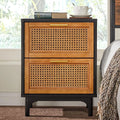 Black Woven Rattan Nightstand with 2 Wood Drawers S779
