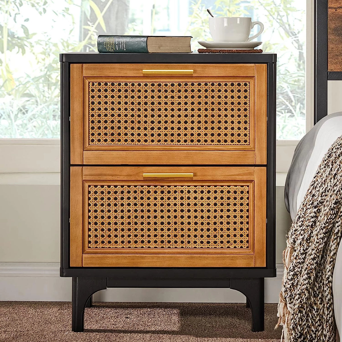 Black Woven Rattan Nightstand with 2 Wood Drawers S779