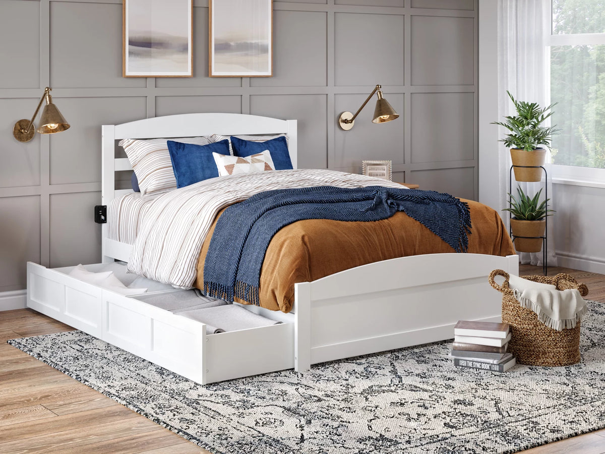 White Full Wood Platform Bed with Headboard and 2 Storage Drawers I52924
