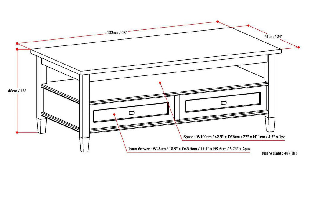 Solid Wood 48 inch Wide Rectangle Coffee Table B230004