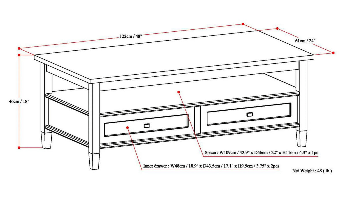 Solid Wood 48 inch Wide Rectangle Coffee Table B230004