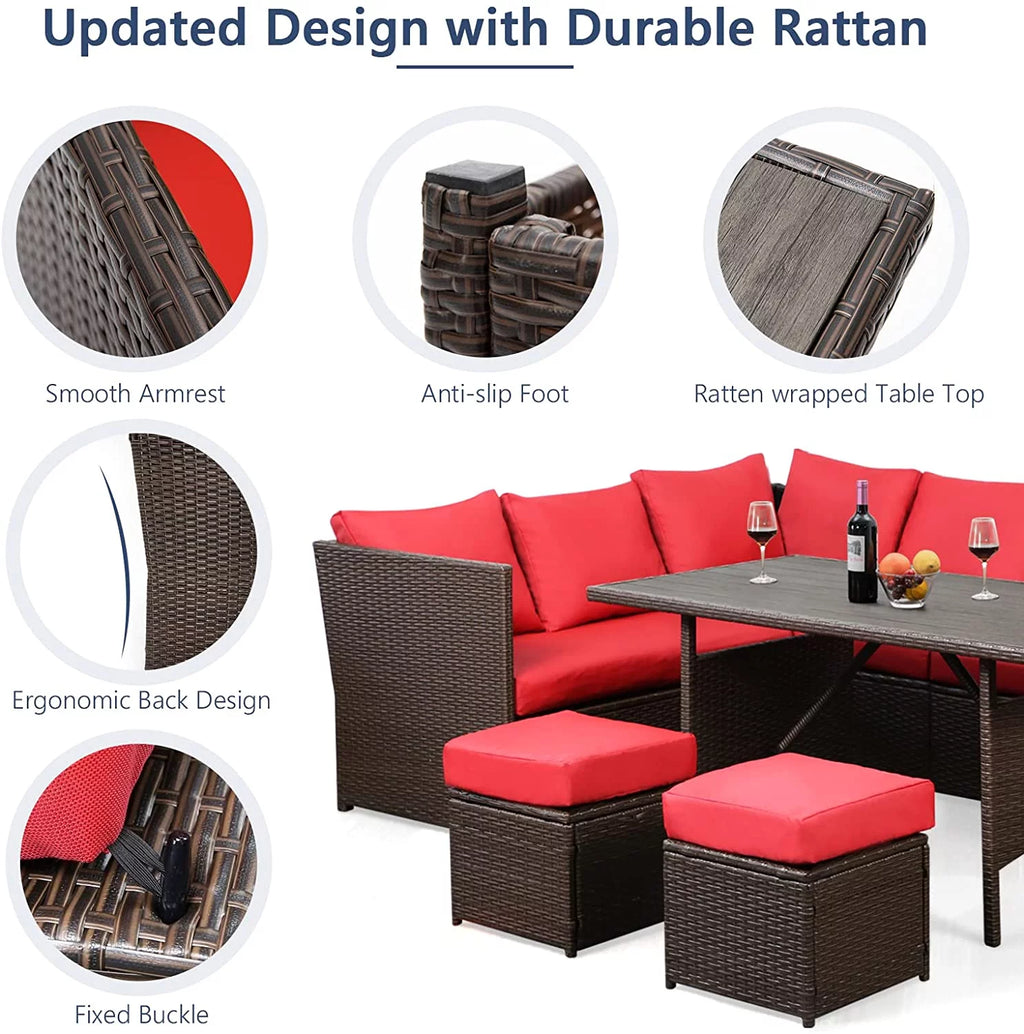 7 Pieces Brown Rattan Patio Furniture Set with Red Cushions I3176