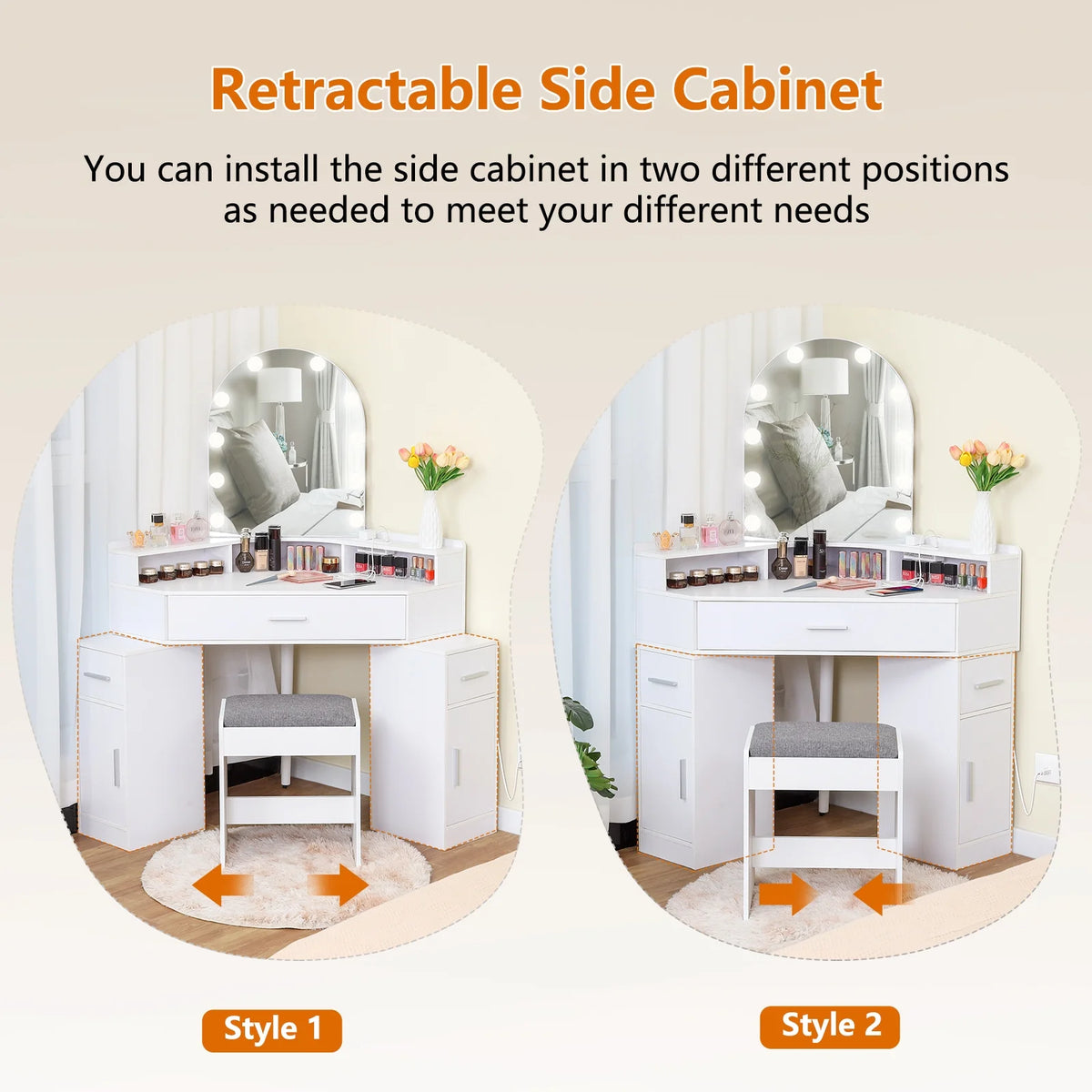 White Corner Vanity Set with Mirror and Stool T78247